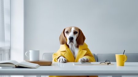 a beagle dog in a yellow clothes sits studying accompanied by a cup and piles of booksの素材