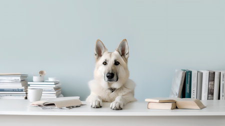 a german shepherd dog in a sweater sits studying accompanied by a cup and piles of booksの素材
