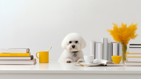 a poodle dog in a yellow clothes sits studying accompanied by a cup and piles of booksの素材