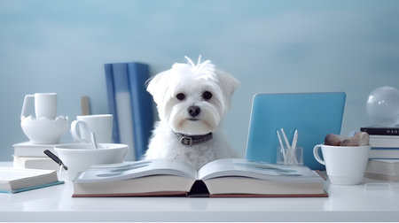 a maltese dog in a sweater sits studying accompanied by a cup and piles of booksの素材