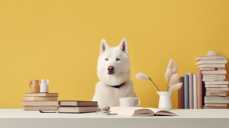 a siberian husky dog sits studying accompanied by a cup and piles of booksの素材