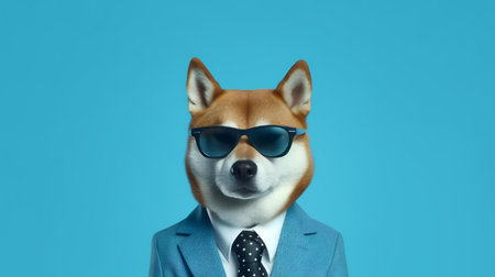 Photo of haughty shiba inu dog using glasses  and office suit on white backgroundの素材