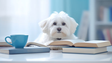 a maltese dog in a sweater sits studying accompanied by a cup and piles of booksの素材