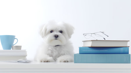 a maltese dog in a sweater sits studying accompanied by a cup and piles of booksの素材