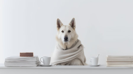 a german shepherd dog in a sweater sits studying accompanied by a cup and piles of booksの素材