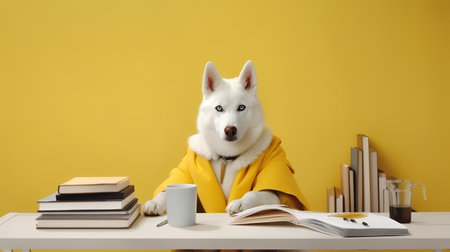 a siberian husky dog sits studying accompanied by a cup and piles of booksの素材