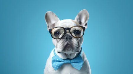 Photo of haughty Bulldog using glasses  and office suit on white backgroundの素材