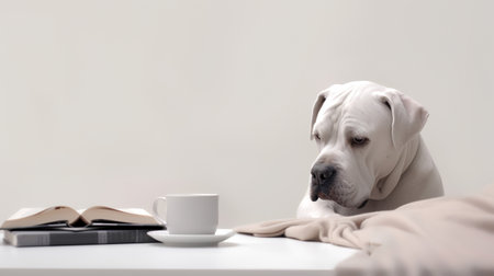 a bulldog dog sits studying accompanied by a cup and piles of booksの素材