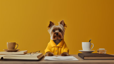 a yorkshire terrier dog in a yellow sweater sits studying accompanied by a cup and piles of booksの素材
