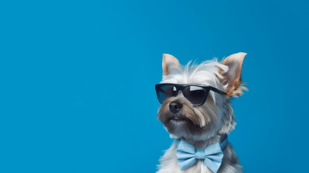 Photo of haughty yorkshire terrier using sunglasses  and office suit on white backgroundの素材
