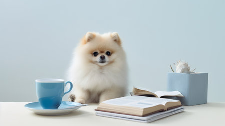a pomeranian dog in a sweater sits studying accompanied by a cup and piles of booksの素材