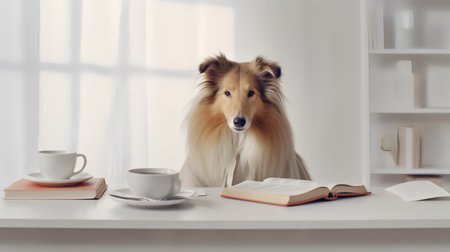 a rough collie dog in a sweater sits studying accompanied by a cup and piles of booksの素材