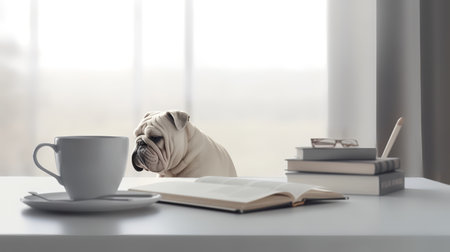 a bulldog dog sits studying accompanied by a cup and piles of booksの素材
