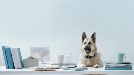 a german shepherd dog in a sweater sits studying accompanied by a cup and piles of booksの素材