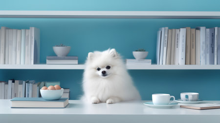 a pomeranian dog in a sweater sits studying accompanied by a cup and piles of booksの素材