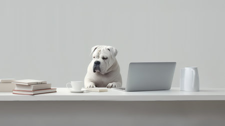 a bulldog dog sits studying accompanied by a cup and piles of booksの素材