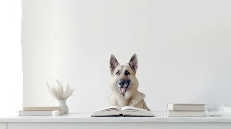 a german shepherd dog in a sweater sits studying accompanied by a cup and piles of booksの素材