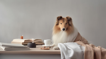 a rough collie dog in a sweater sits studying accompanied by a cup and piles of booksの素材
