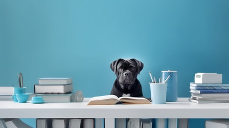 a rottweiler dog in a sweater sits studying accompanied by a cup and piles of booksの素材