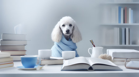 a poodle dog in a sweater sits studying accompanied by a cup and piles of booksの素材