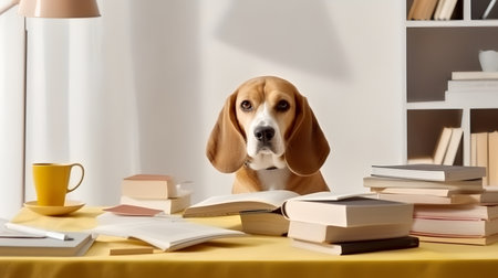 a beagle dog sits studying accompanied by a cup and piles of booksの素材