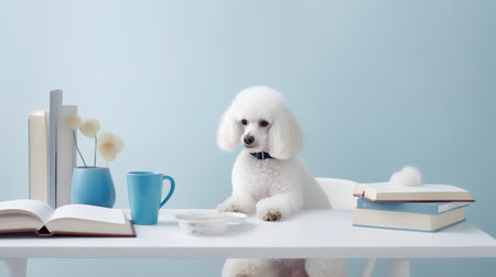 a poodle dog in a sweater sits studying accompanied by a cup and piles of booksの素材