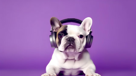 Photo of Bulldog using headphone  on purple backgroundの素材