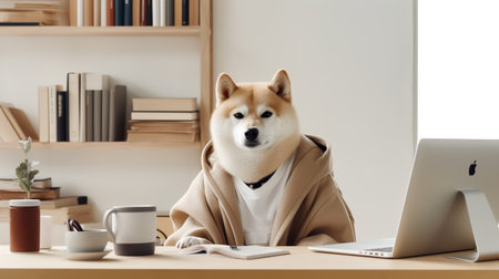 a shiba inu dog in a sweater sits studying accompanied by a cup and piles of booksの素材