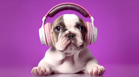Photo of Bulldog using headphone  on purple backgroundの素材
