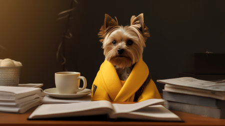 a yorkshire terrier dog in a yellow sweater sits studying accompanied by a cup and piles of booksの素材