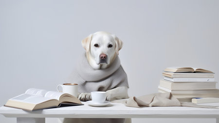 a golden retriever dog in a sweater sits studying accompanied by a cup and piles of booksの素材