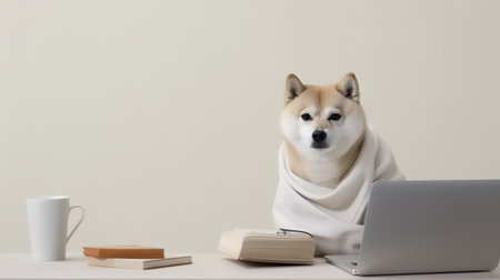 a shiba inu dog in a sweater sits studying accompanied by a cup and piles of booksの素材