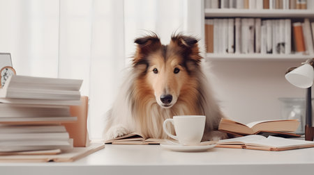 a rough collie dog in a sweater sits studying accompanied by a cup and piles of booksの素材