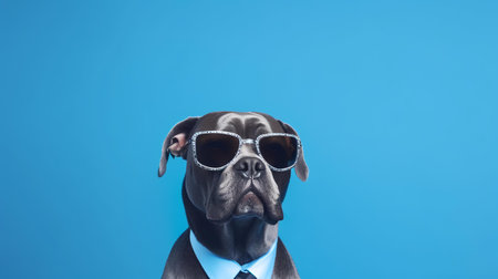 Photo of haughty cane corso using sunglasses  and office suit on white backgroundの素材