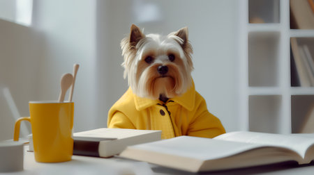 a yorkshire terrier dog in a yellow sweater sits studying accompanied by a cup and piles of booksの素材
