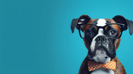 Boxer dog using glasses on blue backgroundの素材