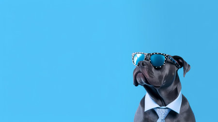 Photo of haughty cane corso using sunglasses  and office suit on white backgroundの素材