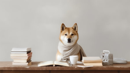 a shiba inu dog in a sweater sits studying accompanied by a cup and piles of booksの素材