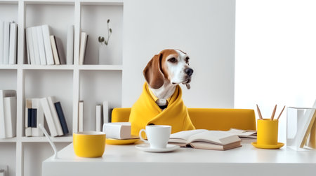 a beagle dog in a yellow clothes sits studying accompanied by a cup and piles of booksの素材