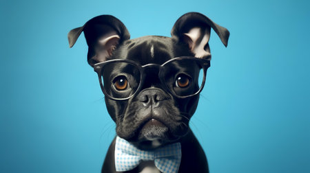 Boxer dog using glasses on blue backgroundの素材