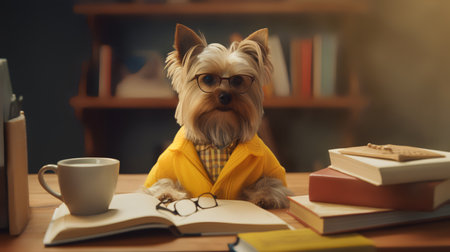 a yorkshire terrier dog in a yellow sweater sits studying accompanied by a cup and piles of booksの素材