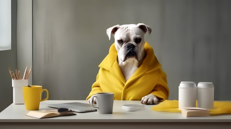 a bulldog dog in a yellow clothes sits studying accompanied by a cup and piles of booksの素材