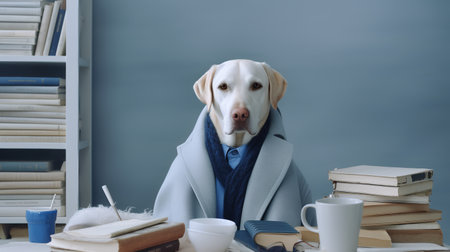a golden retriever dog in a sweater sits studying accompanied by a cup and piles of booksの素材