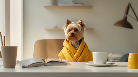 a yorkshire terrier dog in a yellow sweater sits studying accompanied by a cup and piles of booksの素材