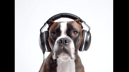 Photo of Boxer using headphone  on purple backgroundの素材