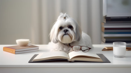 a lhasa apso dog in a sweater sits studying accompanied by a cup and piles of booksの素材