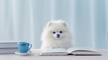 a pomeranian dog in a sweater sits studying accompanied by a cup and piles of booksの素材