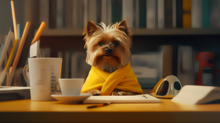 a yorkshire terrier dog in a yellow sweater sits studying accompanied by a cup and piles of booksの素材