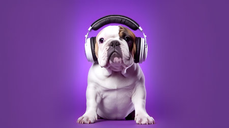 Photo of Bulldog using headphone  on purple backgroundの素材