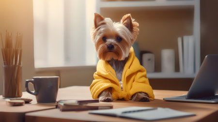 a yorkshire terrier dog in a yellow sweater sits studying accompanied by a cup and piles of booksの素材